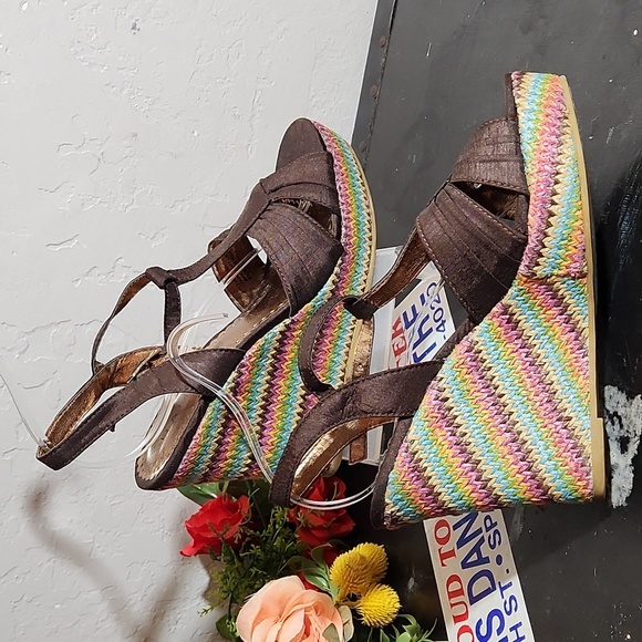 RAMPAGE 7.5M Bridgette Wedge Slingback T Strap Fabric Open Toe Heel - Picture 3 of 11